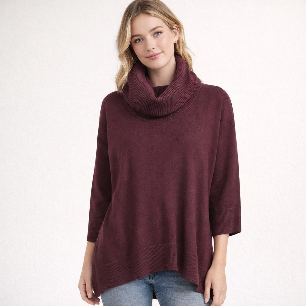 Cable Guage Sweater Womens L Maroon Burgundy Cowl Neck Pullover Knit Casual Fit